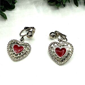 Vintage Silver-Tone Heart Clip-On Earrings With Red Enamel Accents by SHP EXCL